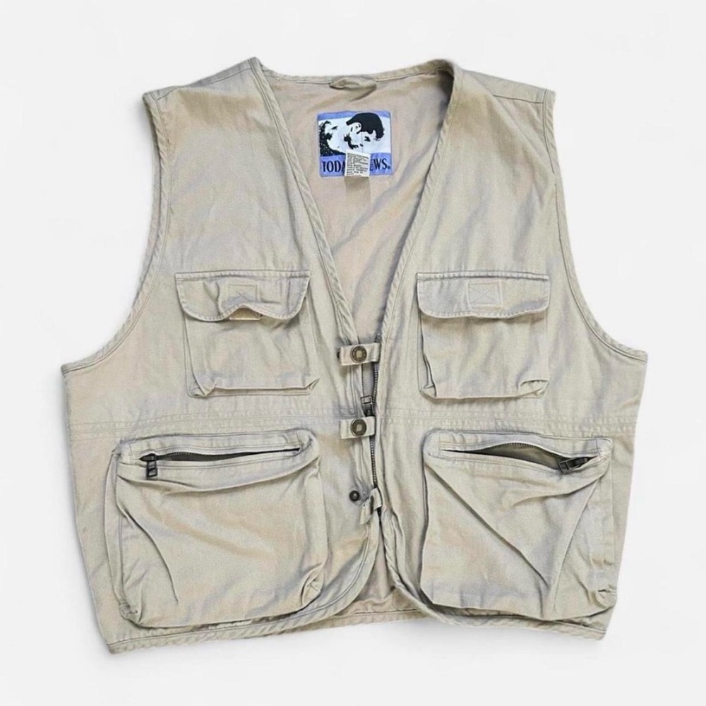 Mens Vintage Todays News Tan Utility Cargo Vest